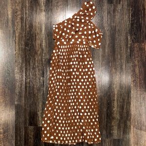 chocolate polka dot one shoulder ruffle detail pleated midi dress